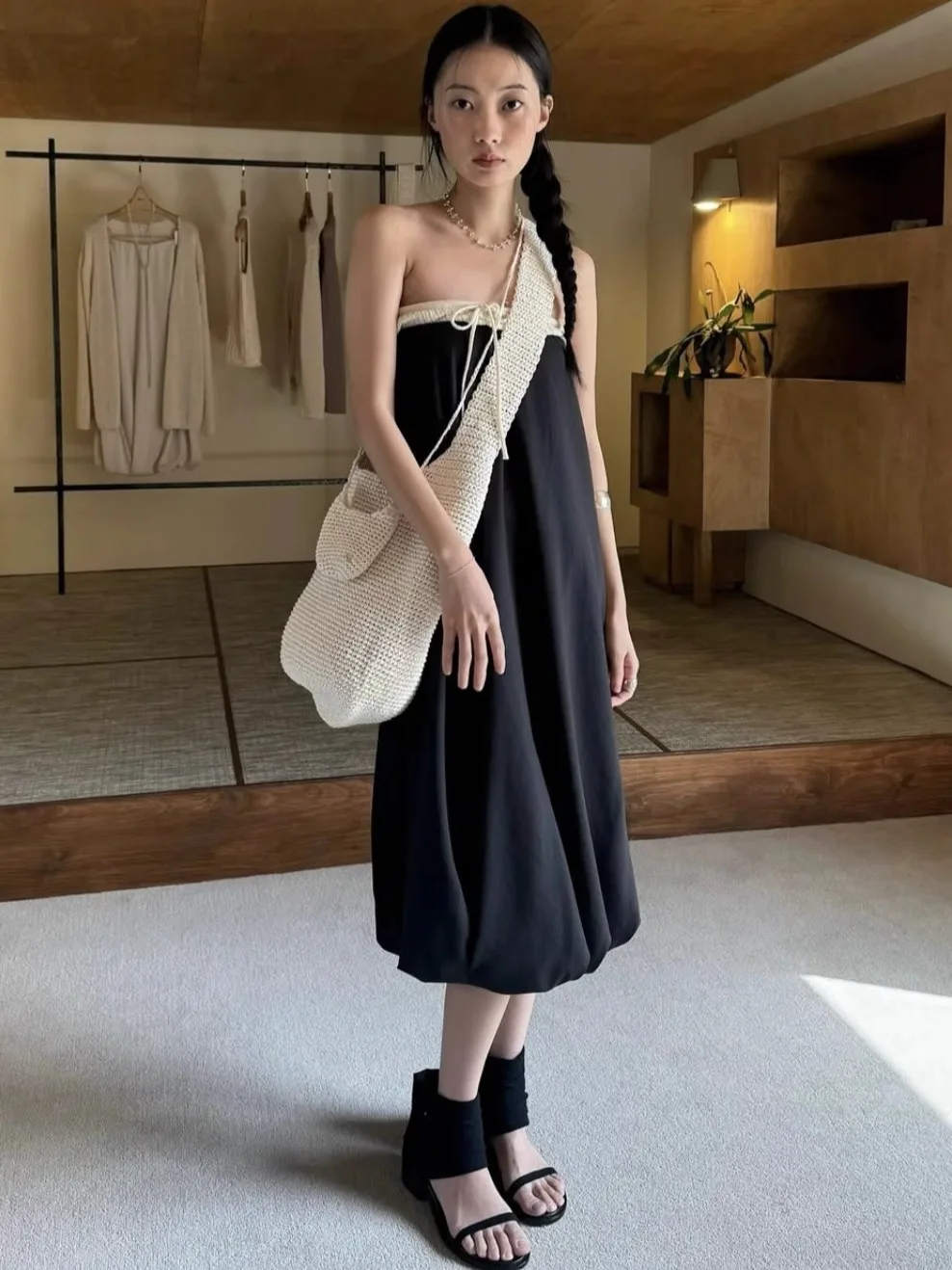 

Elegant Smoid Design Moi Bouffant Folded Sleeveless Vest Casual Two-Way Wear Half Skirt Polyester Fabric Midi Skirt
