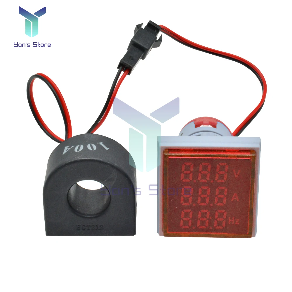 22mm AC 60-500V Square LED Digital Display 3-in-1 Voltmeter Ammeter Hertz Meter Round Transformer Indicator Tester 0-100A