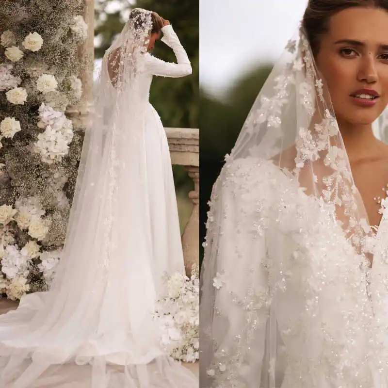 

Изящная однослойная фата с блестками, длинная соборная длина, жемчуг, аппликации, свадебная фата по индивидуальному заказу, Velo De Novia