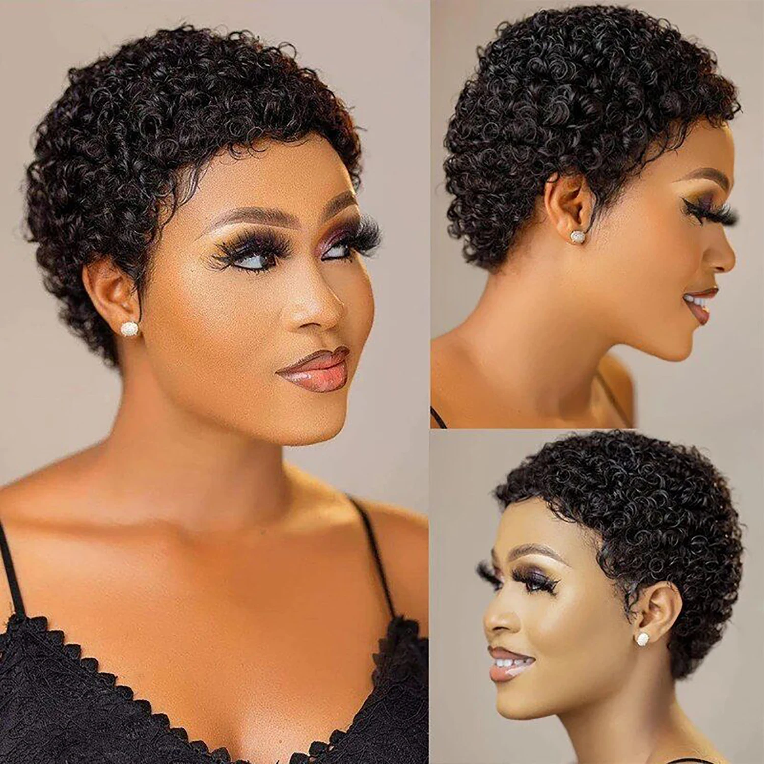 

Short Curly Human Hair Wigs For Women Short Kinky Curly Wig Natural Black Human Hair Pixie Cut Curly Machine Wigs With Bangs