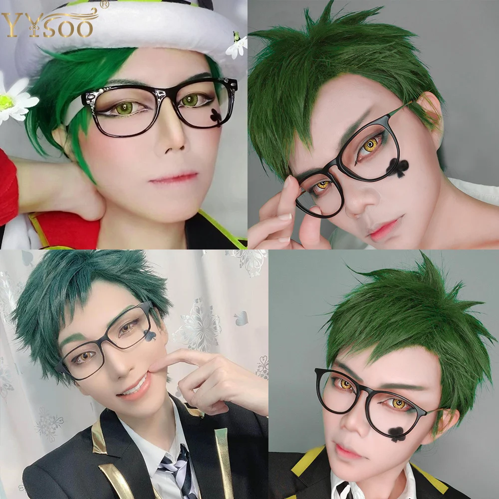 Yysoo curto verde bob perucas de cabelo sintético cosplay para homens festa mostrar peruca do menino parte lateral completa máquina feita peruca