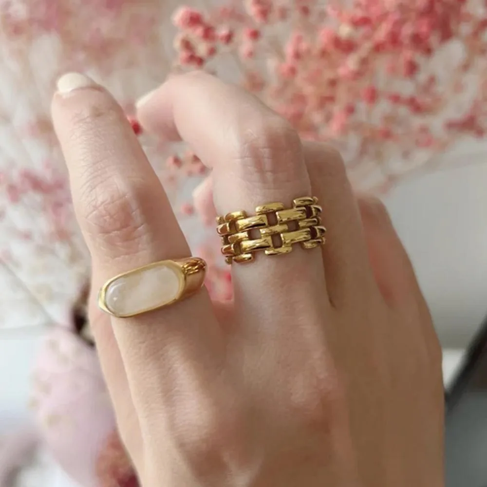 

AIKOER Minimalist Woven Ring 18K Gold Color Plated Stainless Steel Hollow Watch Strap with Stackable Ring, Women's Jewelry Gift