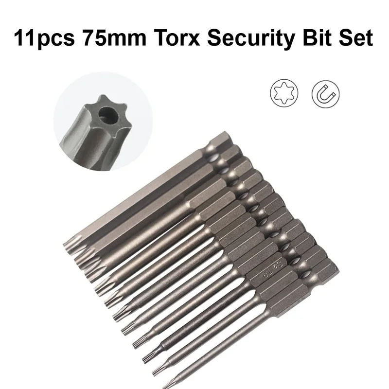 11PCS Torx Security Bit Set 75MM Long Hollow Head Hex Shank Magnetic Screwdriver Bits Hollow Torx Drill Bits Power Tool Set