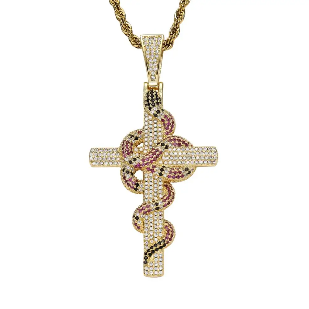 Hip Hop AAA+ Cubic Zirconia Paved Bling Iced Out Snake Cross Pendants Necklace for Men Rapper Jewelry Gold Color