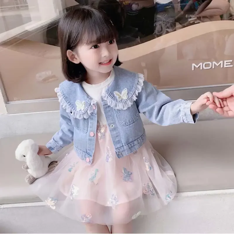 

Baby Girl Spring and Autumn Dress Set 18M-7Y Children's Denim Jacket Girls Butterfly Garnish Skirt Two-piece Set