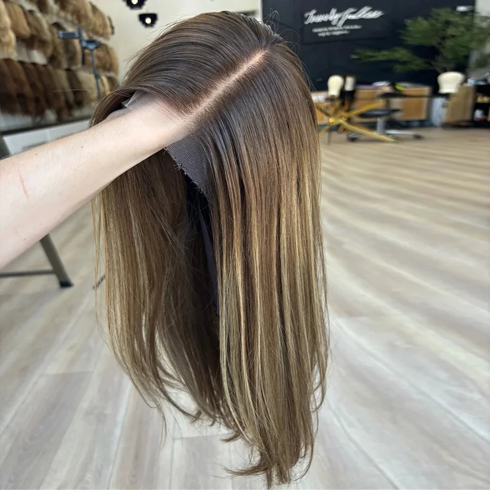 

Парик фронта шнурка Dark Root HD Средне-коричневый Теплый парик с бликами Термостойкий синтетический прямой парик Futura Длинный боб Готов к ношению