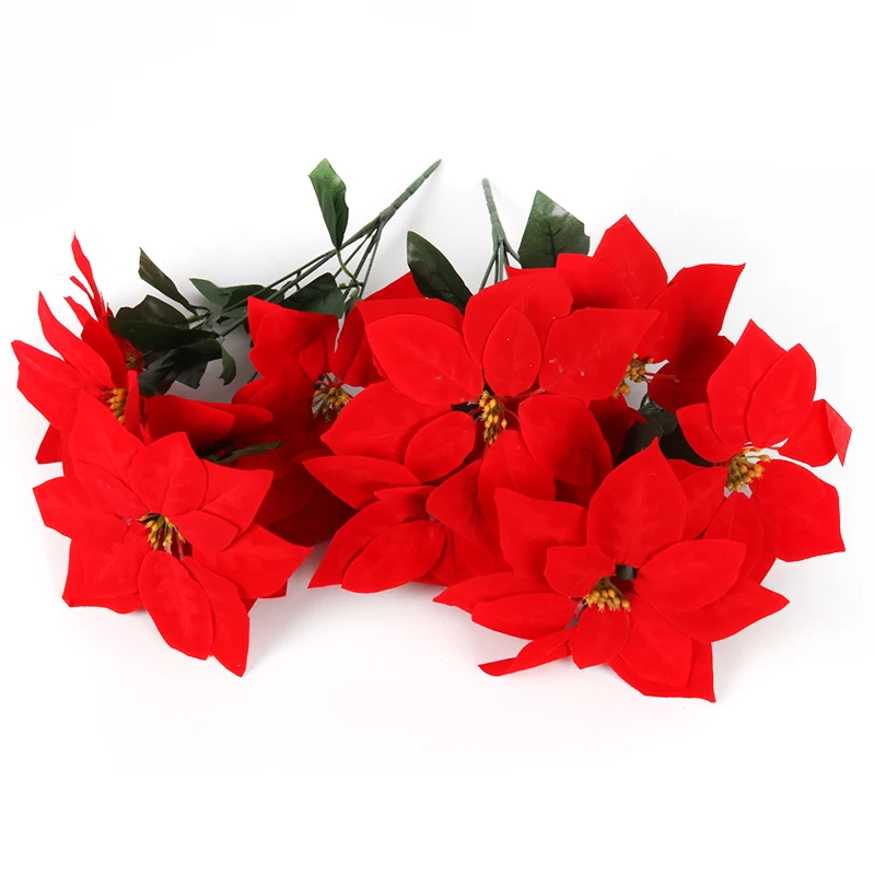 Real Touch Flannel Christmas Artificial Poinsettia Flowers Bushes Bouquets Christmas Tree Ornament Decorations for Xmas new year