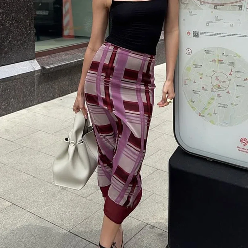 

Tuularose Vintage High Waist Long Skirts Fashion Elegant Plaid Printed Slim Skirts Party Streetwear Contrast Y2k Women's Skirts