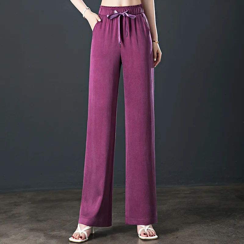 

Narrow Version Light Luxury Fashion Real Cupro Silk Wide-Leg Pants for Women Summer High-Waist Draped Straight-Leg Casual Thin F