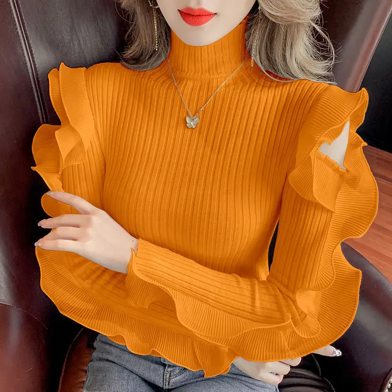 Fashion Off Shoulder Knitting Pullovers Spring Autumn Long Sleeve Solid Slim Ruffle Sweaters Top Sweet Elegant Women Clothing