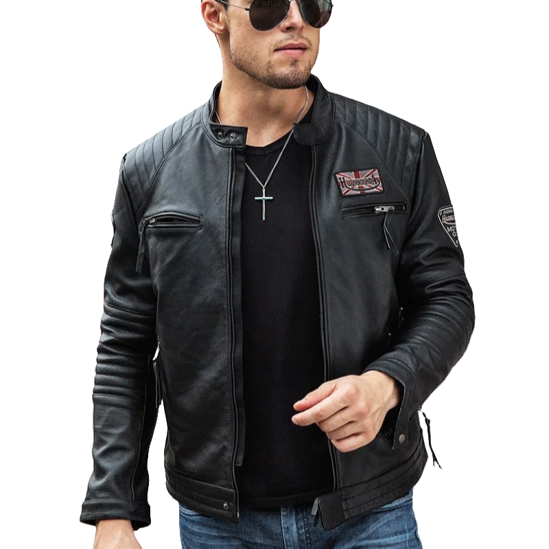 Men's Slim Fit Genuine Leather Motorcycle Jacket Pure Top Layer Cowhide Embroidered Youth Motorbike Clothing for Spring Autumn