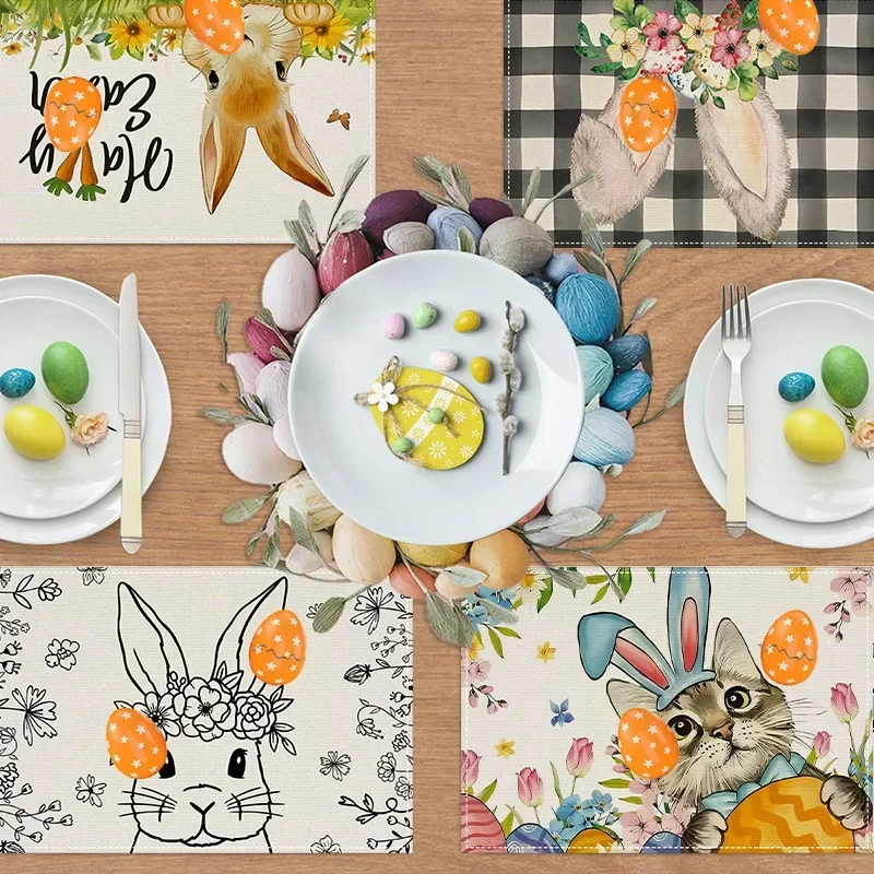 1PC New Easter Bunny Placemat Holiday Party Table Decoration Table Mat Linen Printed Insulation Mat