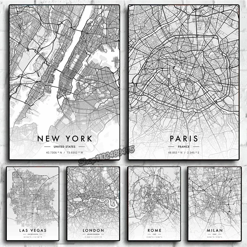 City Map Artwork Paris New York HD Printed Black and White Map Canvas Painting Wall Art Picture for Living Room Home Decor