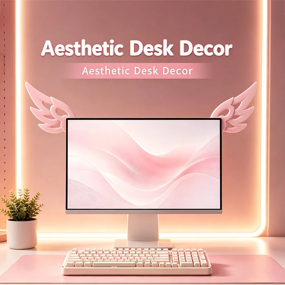 3D Wing Shaped Monitor Ornament Kawaii E-Sports Desktop Decor, Cute Computer Screen Decorations Lovely Gift for Girls