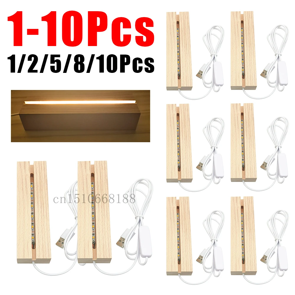 1-10Pcs LED Wood Light Display Crystal Wooden Lighted Base Stand Acrylic Light Plate Base USB Wooden Base for Resin Art Lights