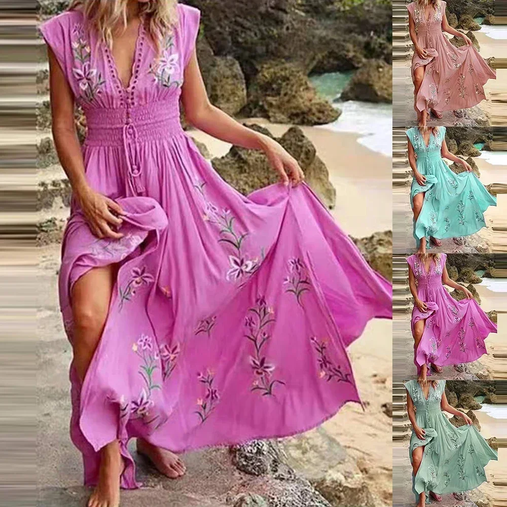 Vestido bohemio con cuello en V para mujer, vestido Midi de manga corta, estampado, informal, elegante, estilo playero