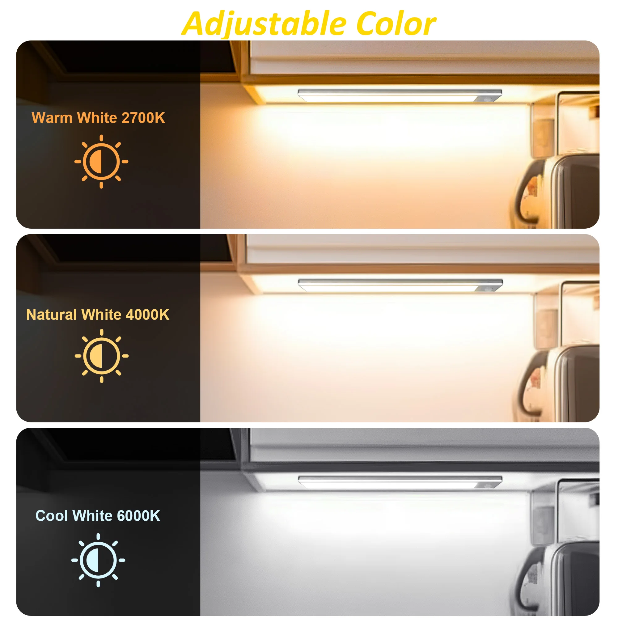 Lumière d'armoire LED aste par USB, détecteur de mouvement, 3 couleurs en une, lampe pour cuisine, armoire, éclairage intérieur, paquet de 2