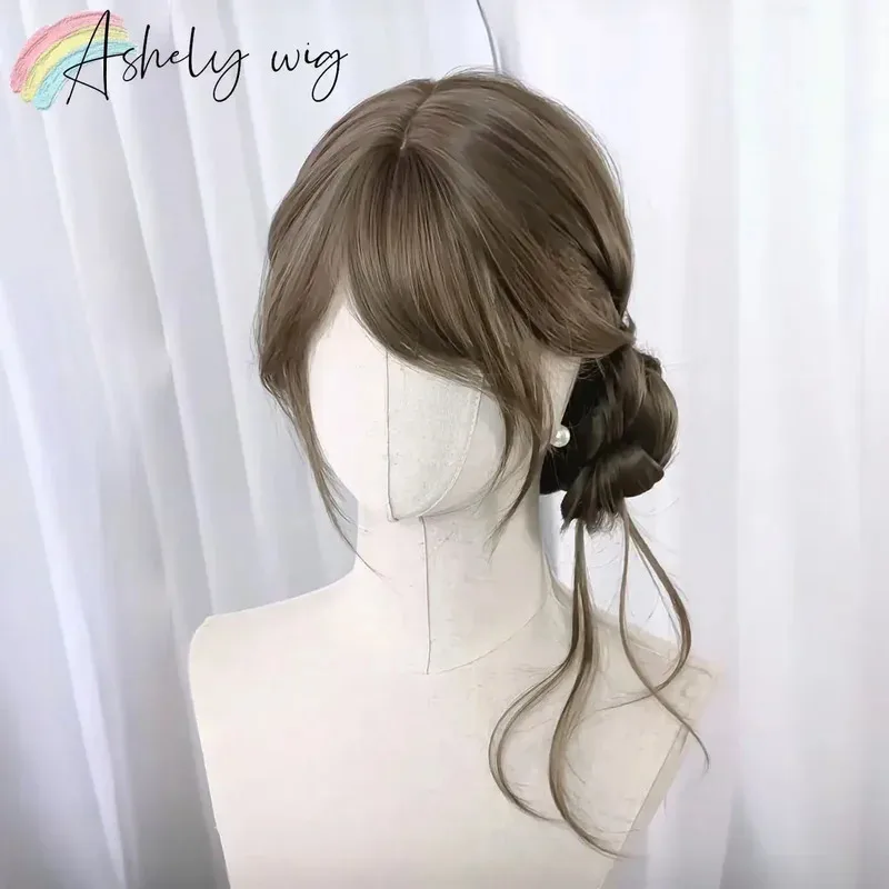 Perruque synthétique marron thé au lait avec frange, cheveux longs et ondulés pour femmes, perruque Lolita douce élégance japonaise, bandeau