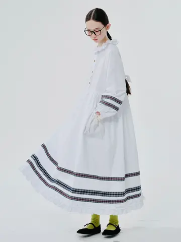 IMAKOKONI 여성용 화이트 레이스 네크 라인 가디건, 긴팔 루즈한 중간 길이 원피스, 오리지널 디자인, 244530