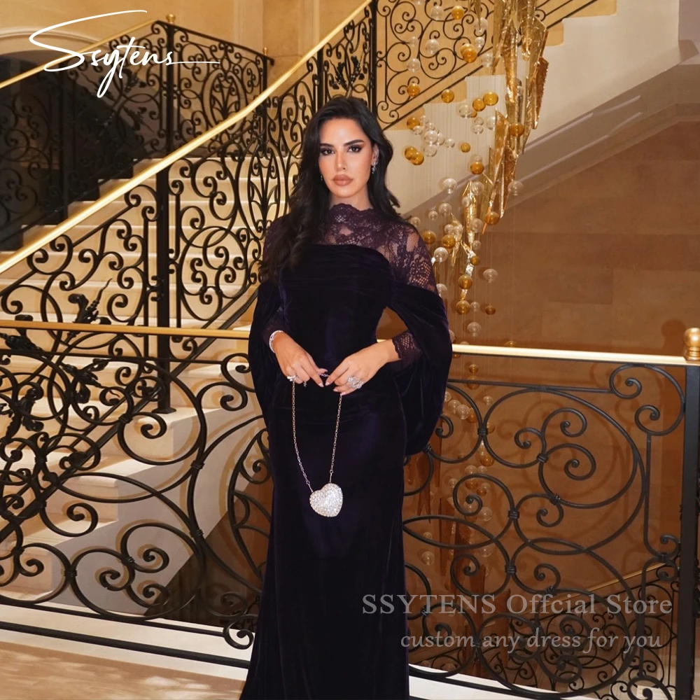 

SSYTENS Elegant Dark Purple Evening Dresses Velvet Dubai Lace Cape Formal Occasion Dresses Saui Arabia Prom Gowns Customized