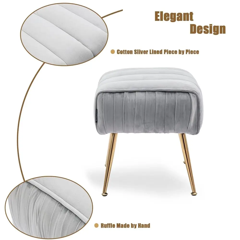 Velvet Ottoman Bench, Modern Foot Stool Rest, Trapezoid, Golden Finished, Grey