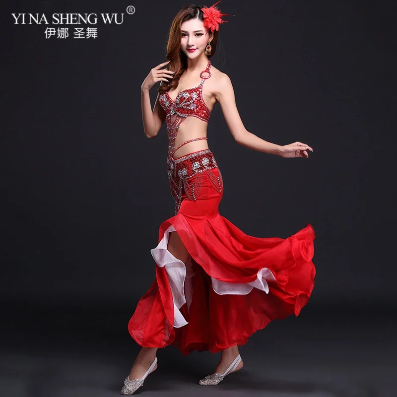 Neue Hohe Qualität Bauchtanz Kostüm Sexy Bh + Rock + gürtel Bühne Leistung Anzüge Outfits Orientalischen Bauchtanz Kleidung schlitz Rock