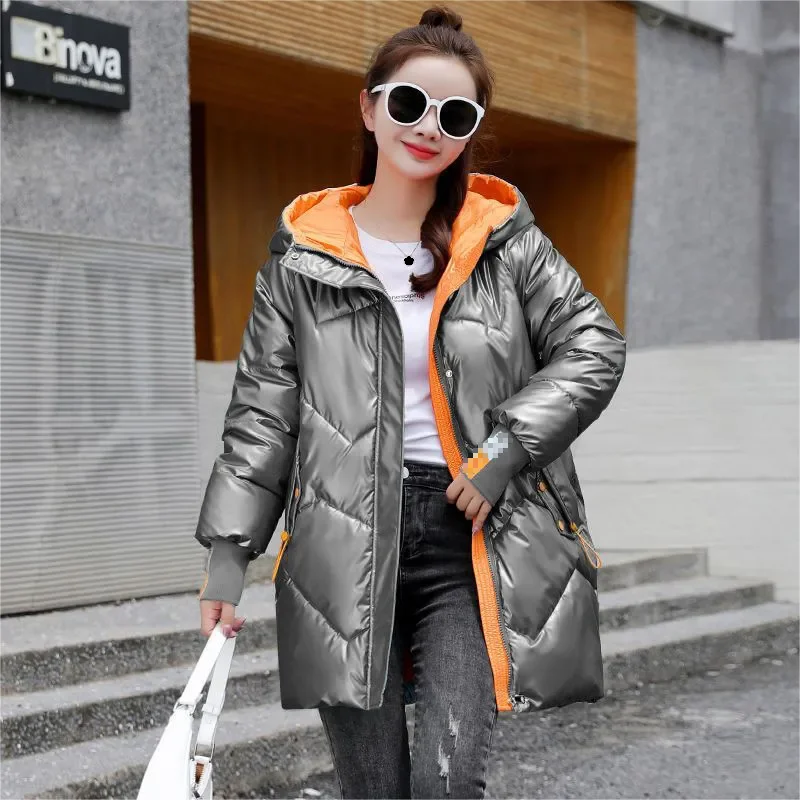 2024 Women\'s Winter Parkas Mid length Coat Loose Coat Thickened Bright Face Cotton Coat Women Cotton Padded Jacket