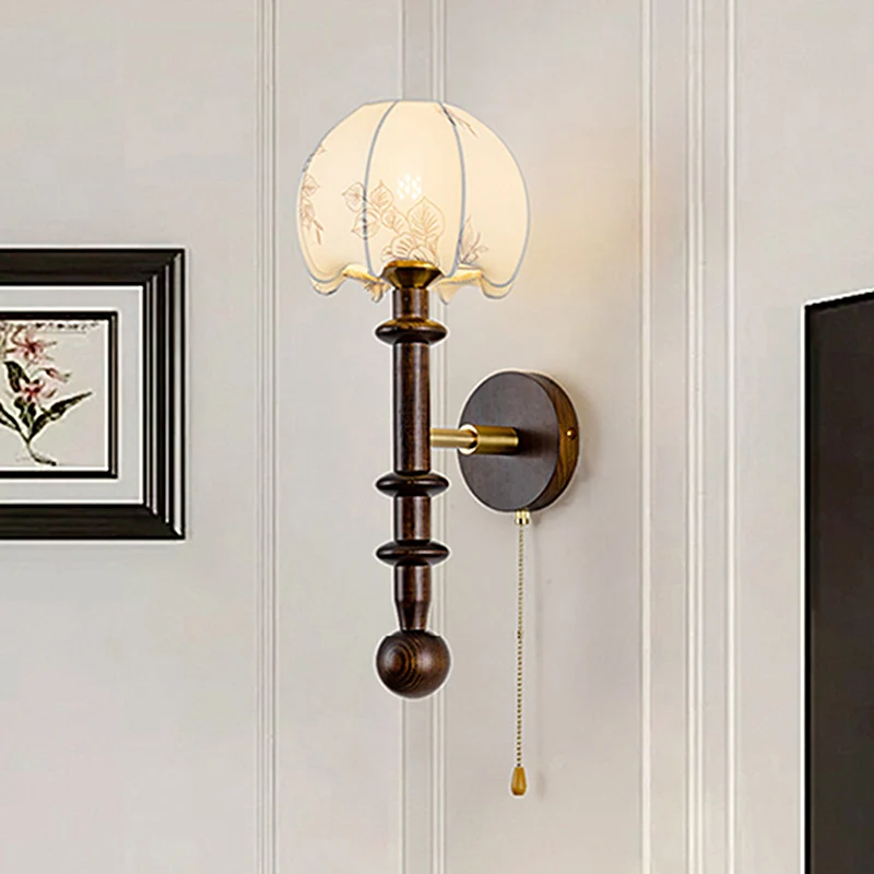 2026 Medieval Style Bedside Solid Wood Wall Lamp French Retro Fabric Printing Living Room Background Cable Switch Bedroom Lighti
