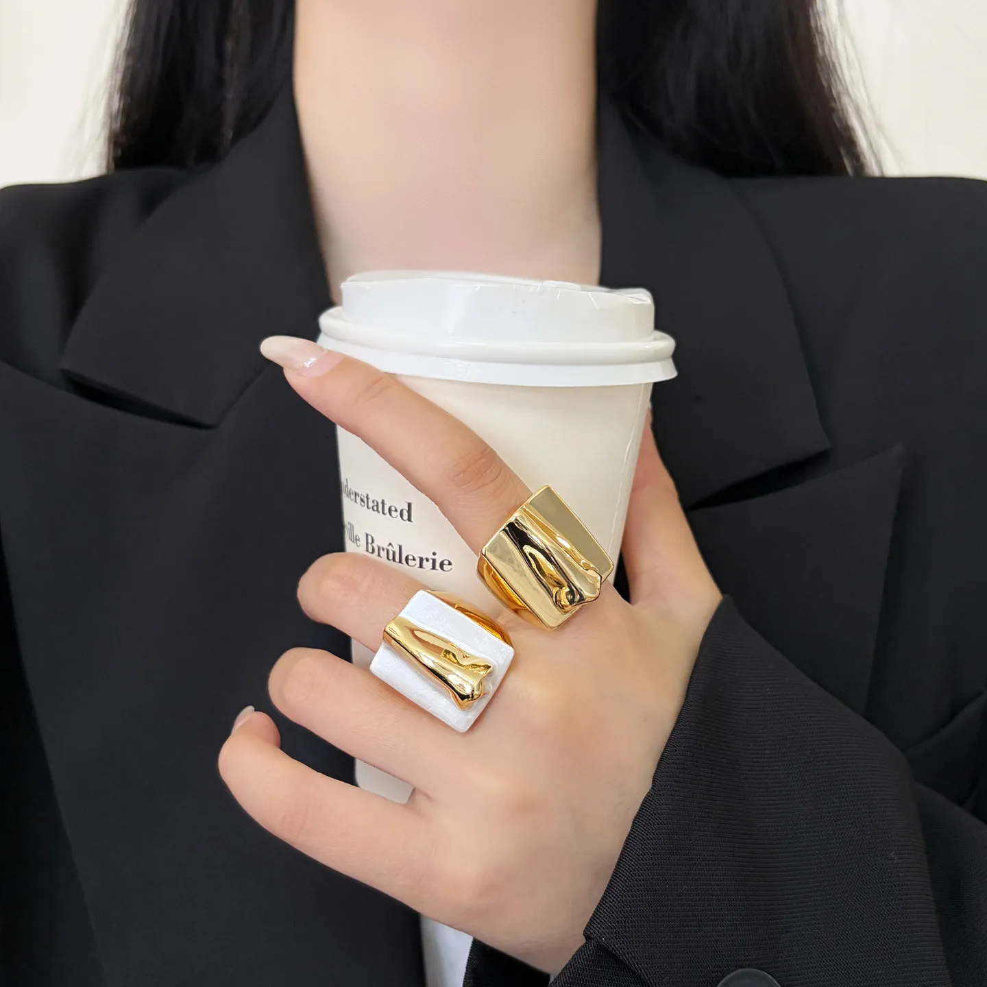 Abstract Silver Gold Square Open Ring Texture Wide Band Ring Minimalist Designer Style Trendy Party Accessories