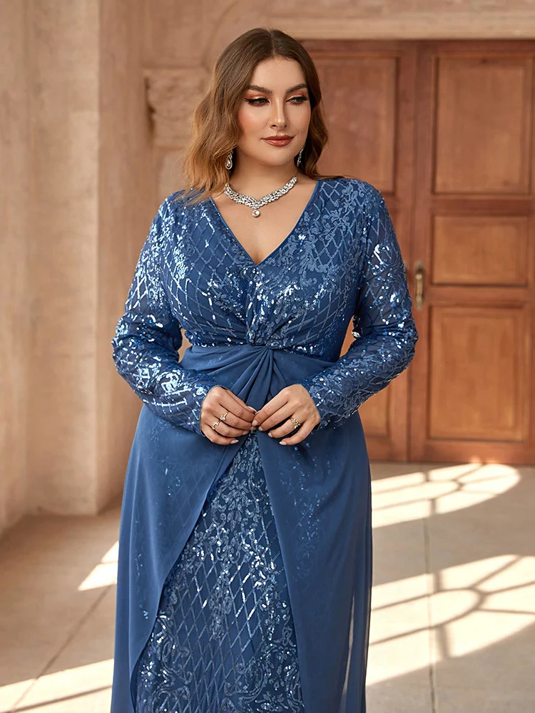 TOLEEN 2024 New Plus Size Twist Knot Long Sleeve Formal Evening Gown Women Luxury Elegant Sequin Plaid Party Prom Maxi Dresses