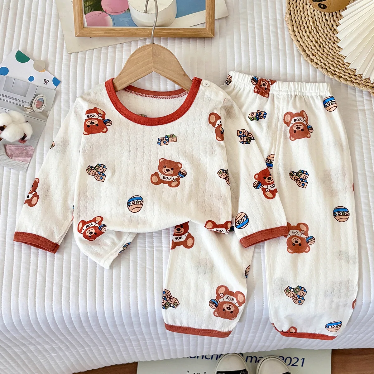 New children's pure cotton loungewear set summer long-sleeved pajamas thin air-conditioned clothing men's and women's clothing
