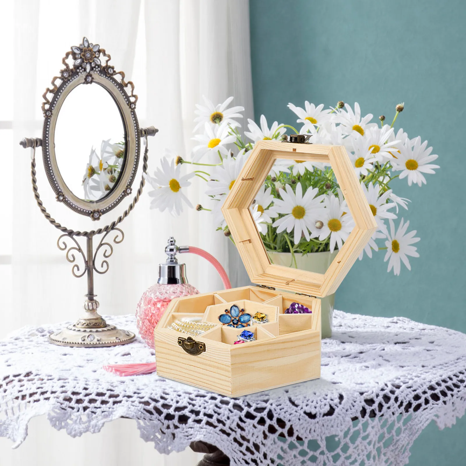 

DIY Unfinished Wooden Jewelry Organizer 7 Compartments for Storing Accessories Makeup Keepsakes Gifts Compact Size