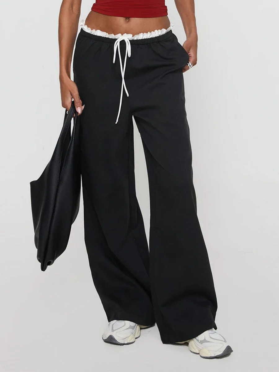 Casual Women's Straight Wide Leg Pants Elastic Low Waist Frill Trim Pants Lounge Trousers with Pockets