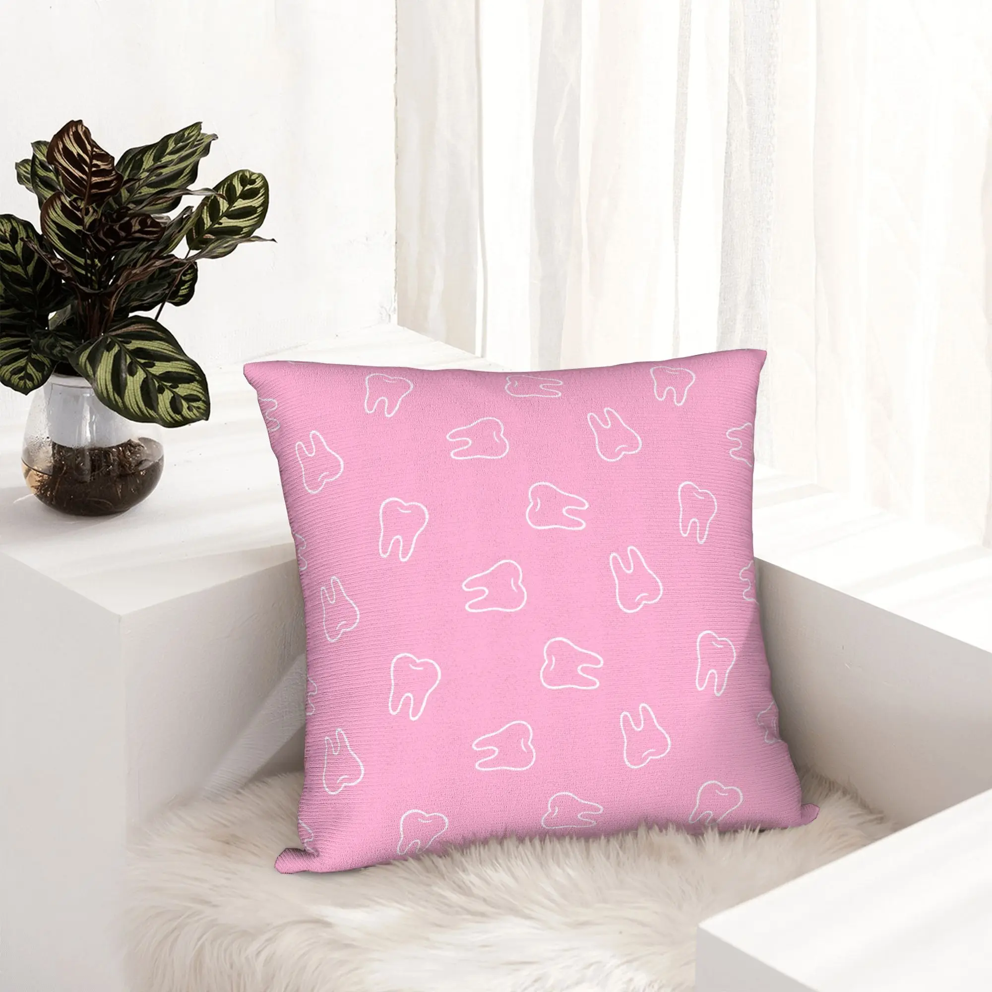 Tooth Party Pink Pillow Case Home Decor Kawaii  Outdoor Cushions Square Pillowcase