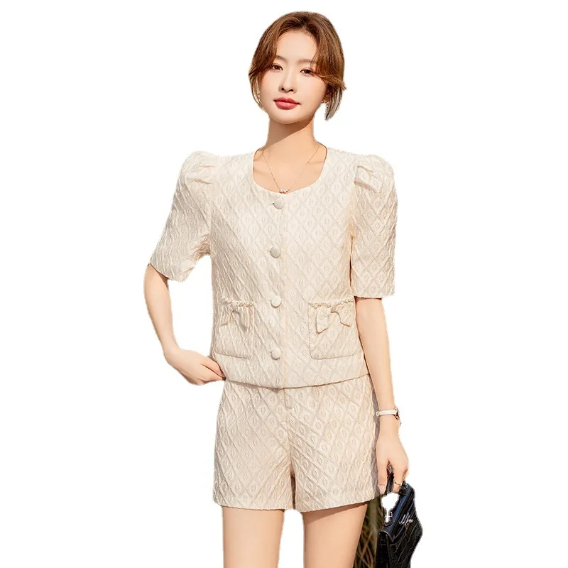 Elegant Embossed Short Sleeve Suit Coat Women's Summer High-End Small Fashionable High Waist Shorts Suit