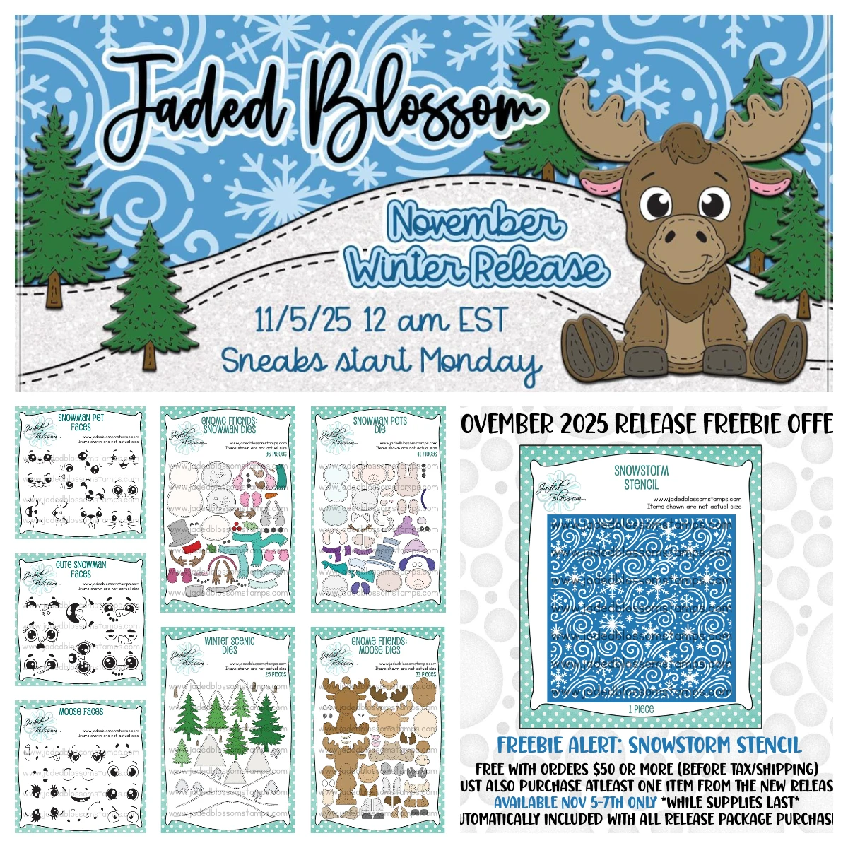 

JADED BLOSSOM NOVEMBER 2025 STAMP RELEASE PACKAGE Gnome Friends: Moose Dies Stamps Christmas Stencils Dies Scrapbooking DIY Card