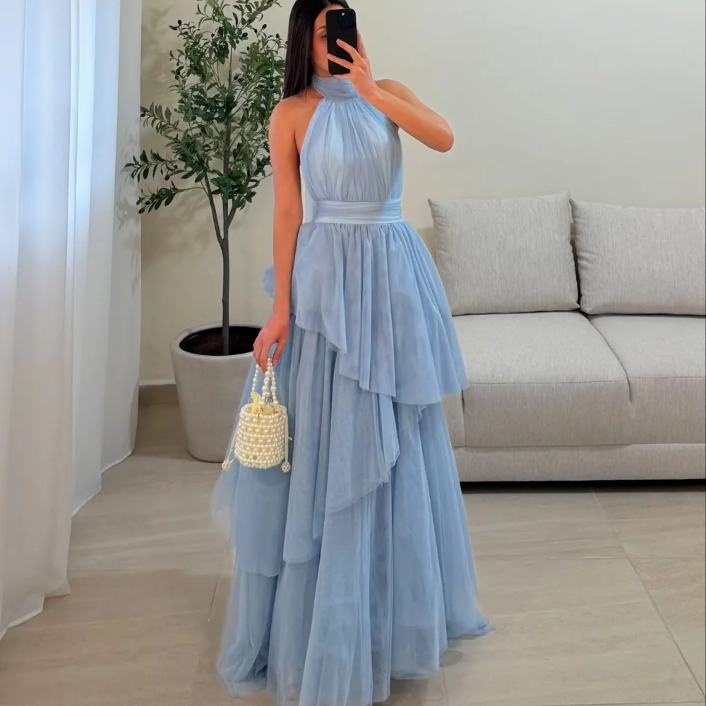 Bella Customized Multi-Layered A-line Mesh Fabric robes de soirée Halter Neck Sleeveless Party Dresses Ankle-Length Prom Dress image 2