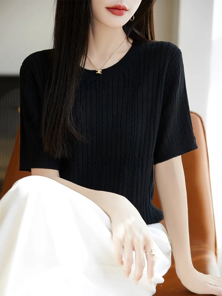 Été nouveau rond Ne tricoté ort Sve T-shirt femmes décontracté torsion Simple broderie glace soie haut tricoté coupe ample basique...