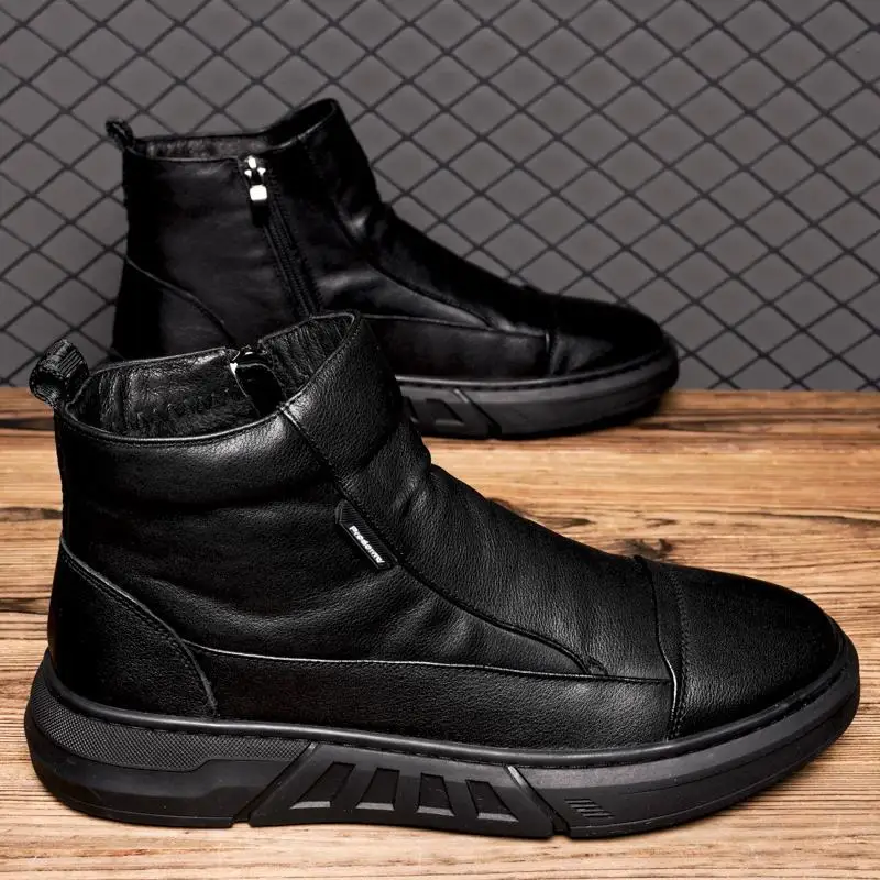 

Новые мужские черные кожаные ботинки, модные кожаные ботильоны с высоким берцем, мотоциклетная повседневная обувь на платформе со шнуровкой