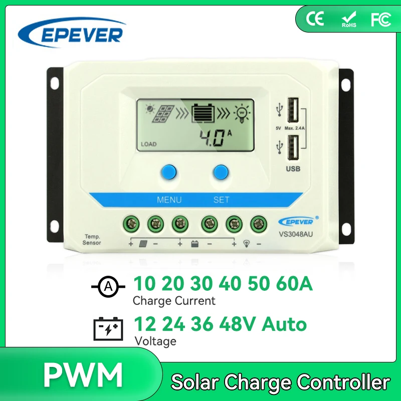 

EPever Солнечный контроллер заряда 12В 24В Авто 60A 45A 30A 20A PWM солнечная панель регулятор жк-дисплей двойной USB ViewStar-AU Series