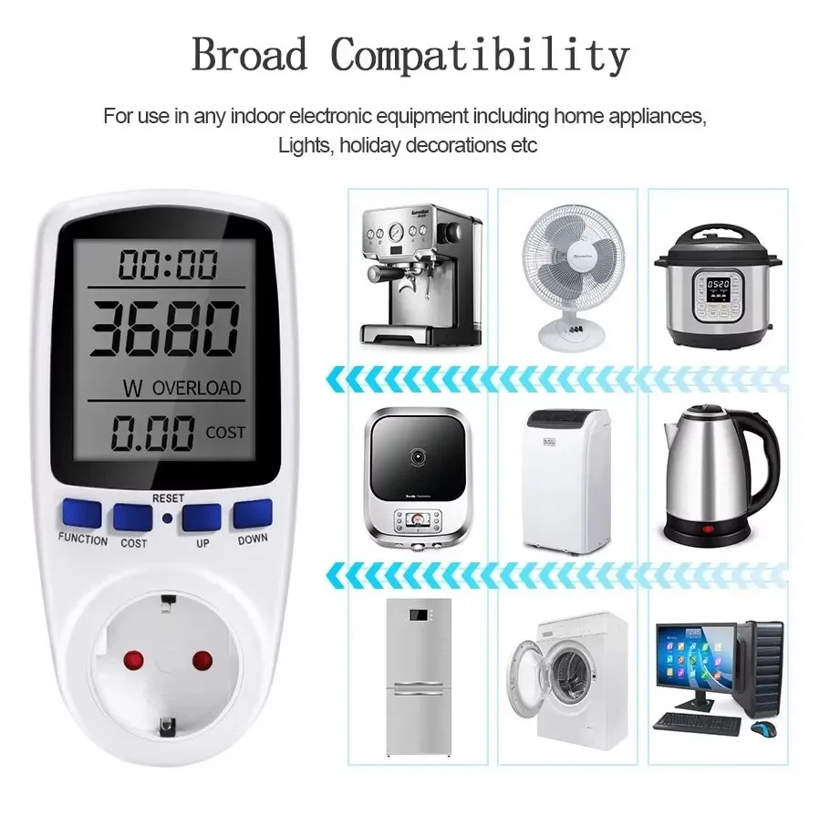 220 فولت الرقمية LCD السلطة متر Wattmeter المقبس القوة الكهربائية كيلووات ساعة قياس الطاقة منفذ الاتحاد الأوروبي التوصيل الزائد حماية 7 نماذج العرض