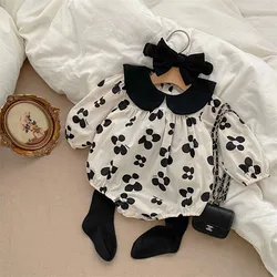 2025 Autumn New Baby Long Sleeve Romper + Hair Band 2 Pieces Suit Infant Black Flower Bodysuit Girls Cotton Jumpsuit Clothes