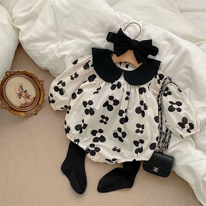 2024 Autumn New Baby Long Sleeve Romper + Hair Band 2 Pieces Suit Infant Black Flower Bodysuit Girls Cotton Jumpsuit Clothes