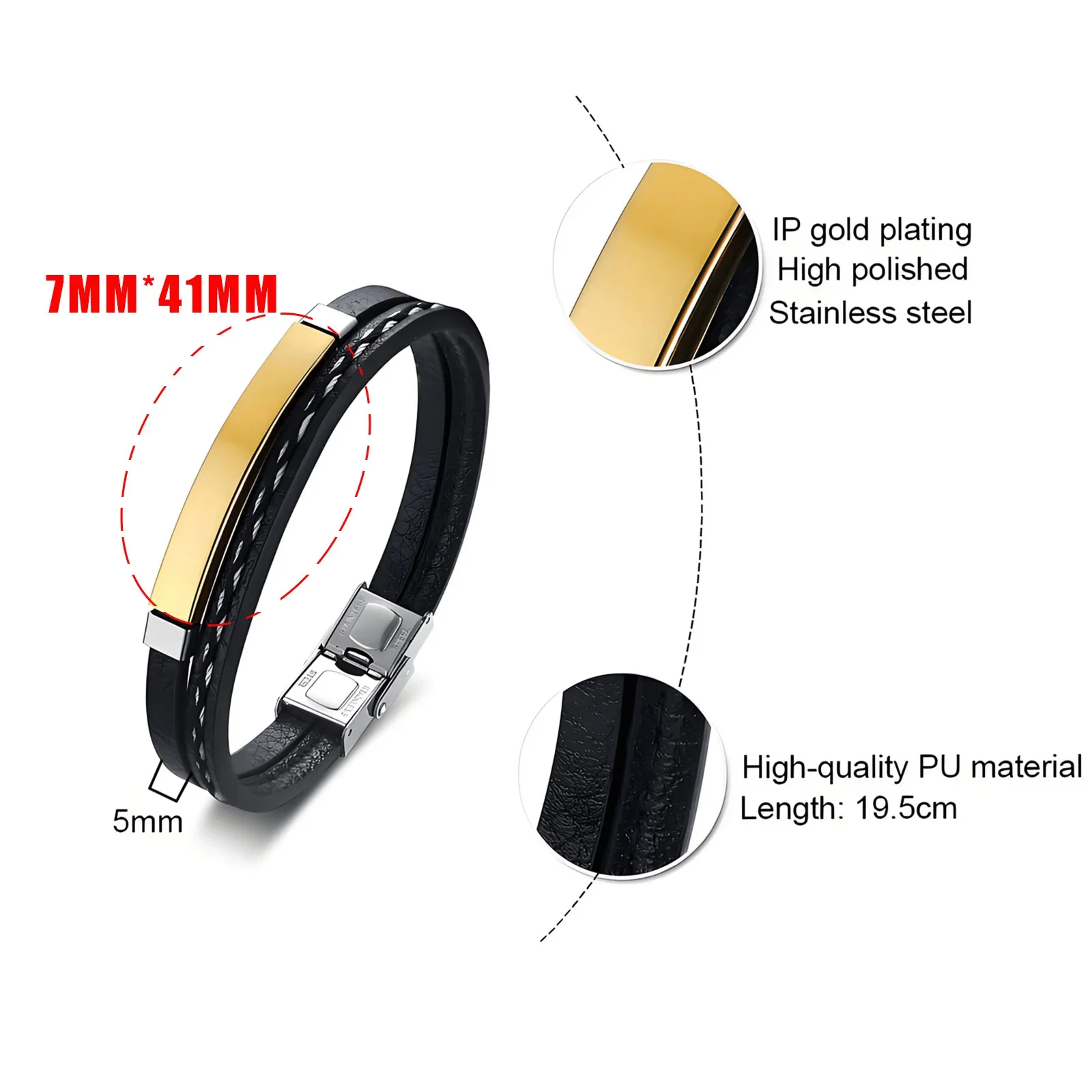Dubbellaagse gecoördineerde PU lederen armband met gebogen plaat van roestvrij staal, gegraveerd, modieus juweel, Vaderdag cadeau - afbeelding 1