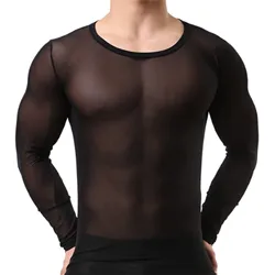 Mens Undershirt Gay clothing Nylon Mesh Shirt See Through Sheer Long Sleeves T Shirts Sexy transparent shirt Underwear