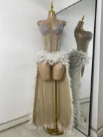High Quality Women Sexy Straplss Crystals Diamonds Feather Luxury Party Dress Designer Mesh Transparent Performance Stage Outfit - Image 6