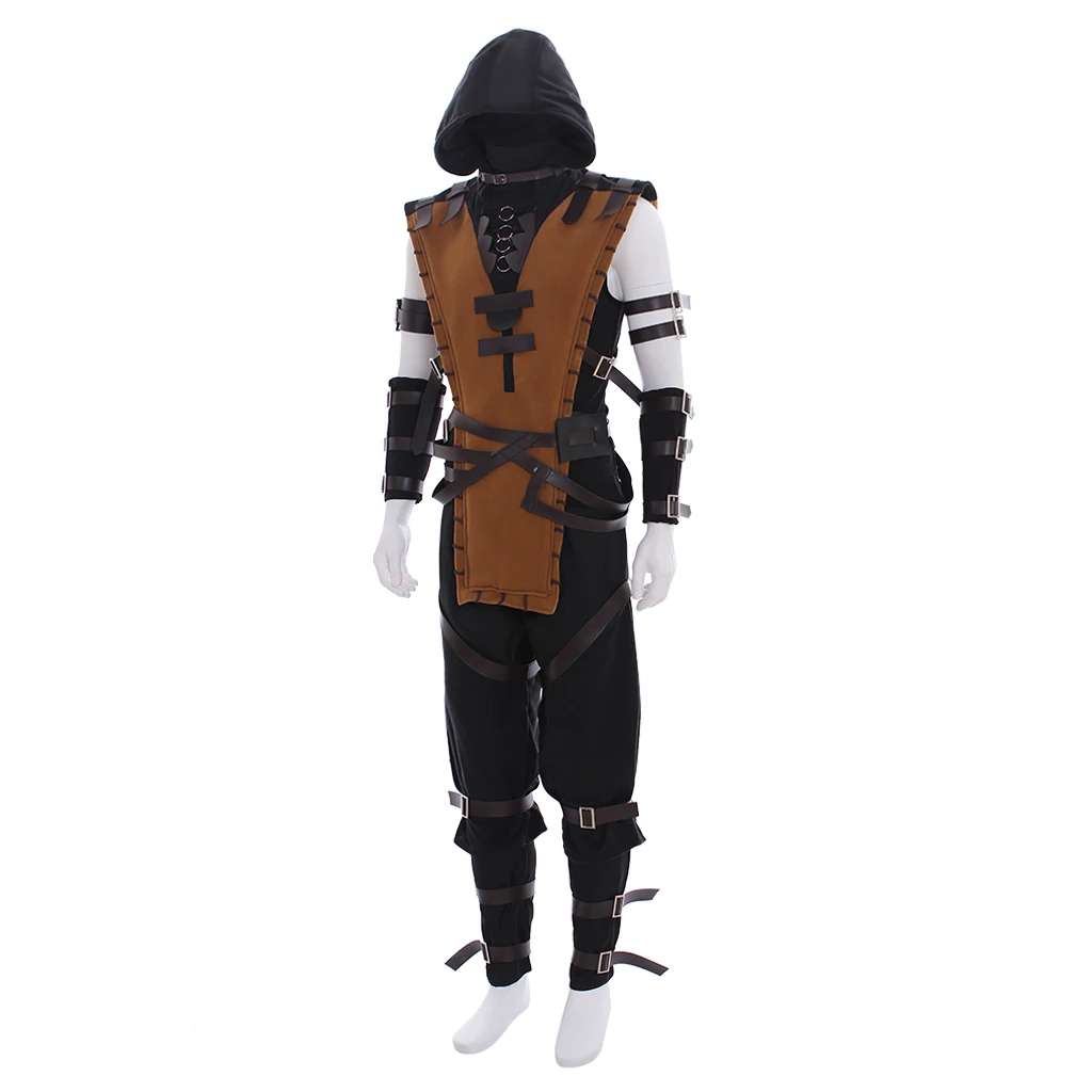 

In Stock Mortal Scorpion Kombat Cosplay Costume Adult Ninja Battle Suit Halloween Party Outfit Vest Top Pants Full Set