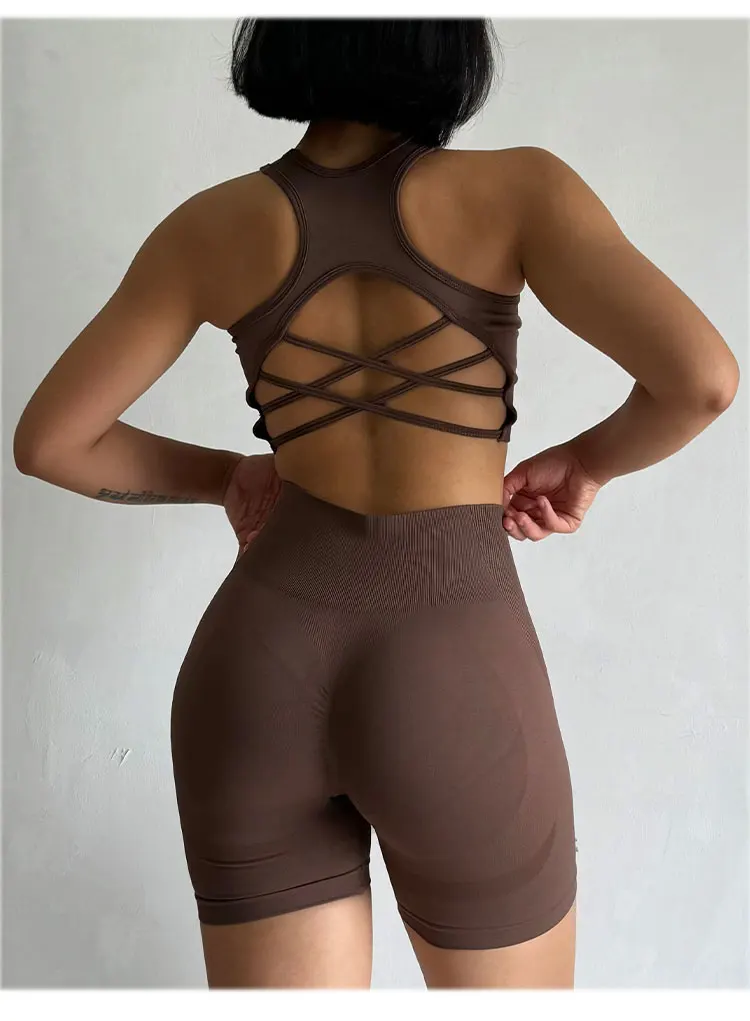Pfirsichfarbenes Damen-Set mit High-Waist-Shorts und BH, Po-Lifting-Fitness-Set, geraffter Rücken, Yoga-Anzug, eng anliegend für Lauf- und Trainingsübungen – Detail 14