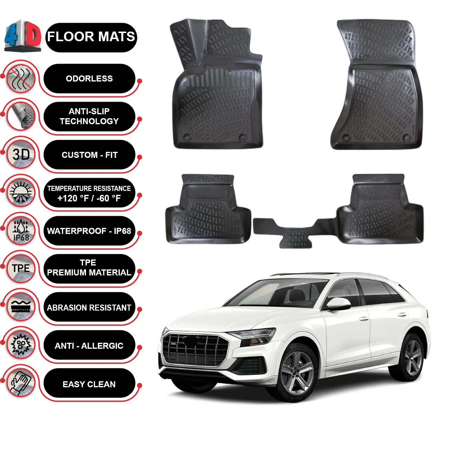 Audi Q8 - (2018-2022) Floor Mats Liner Waterproof 3D - (Black)