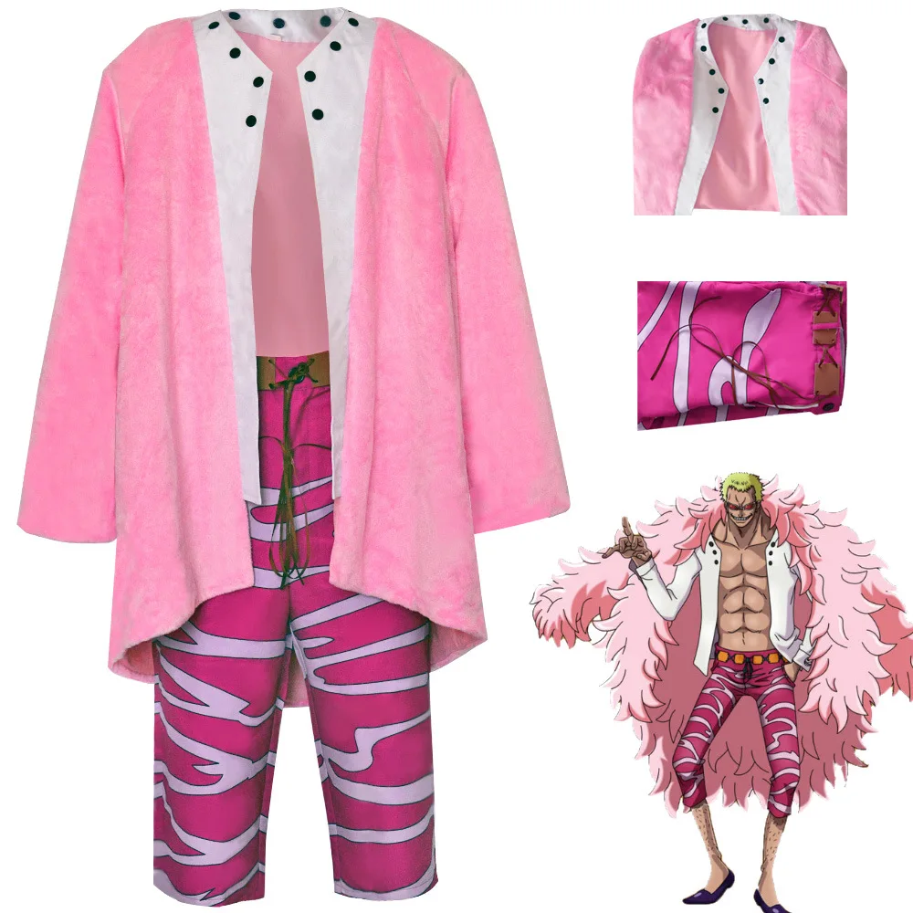 

Donquixote Doflamingo Cosplay Costume Anime Glasses Pink Coat Shirt Glasses Outfits Halloween Party Disguise Suits for Boy Men
